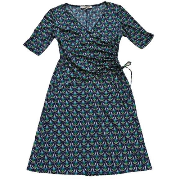 Evan Picone Dress Teal Green Purple Print Short Sleeve Faux Wrap Ruched Size 4 - Picture 12 of 12